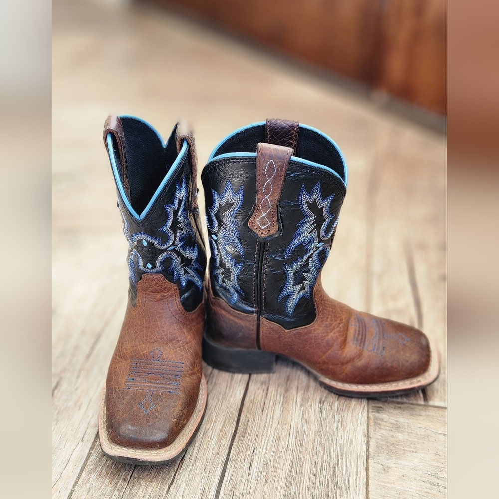 Ariat Brown and Black Kids Western Boots with Blue Stitching